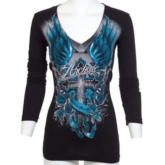 Archaic Affliction Women's T-Shirt Long Sleeve ROSEMARY Tattoo Biker Black Teal - Picture 4 of 7